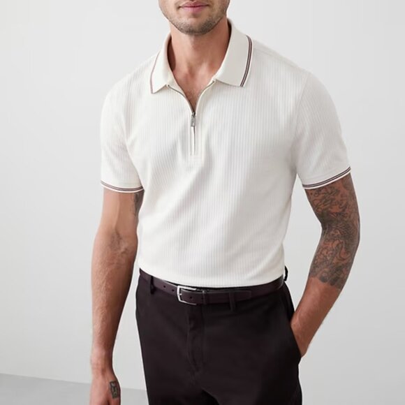 Banana Republic Zip Placket Polo, Large, Slim Fit, Transition Cream, EUC - Picture 2 of 5